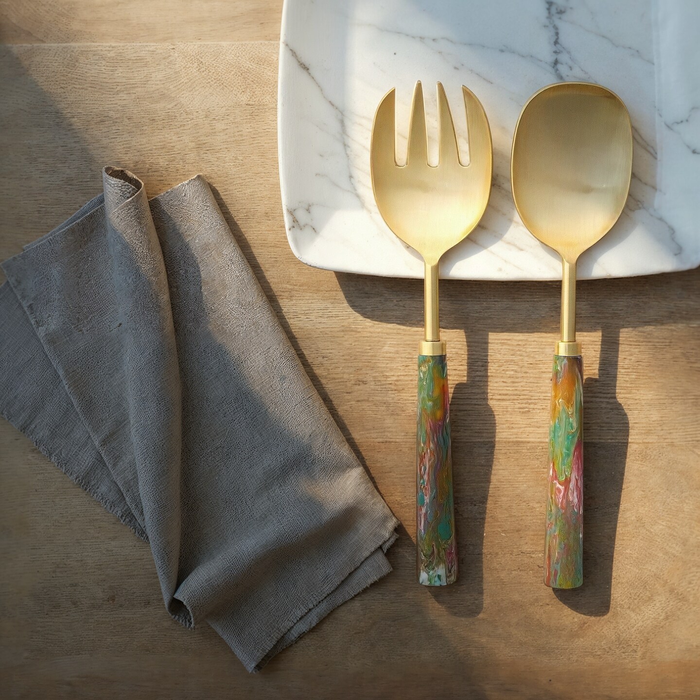 Hello Honey 2-Piece Stainless Steel Salad Servers with Marbled Resin Handles, Gold Finish