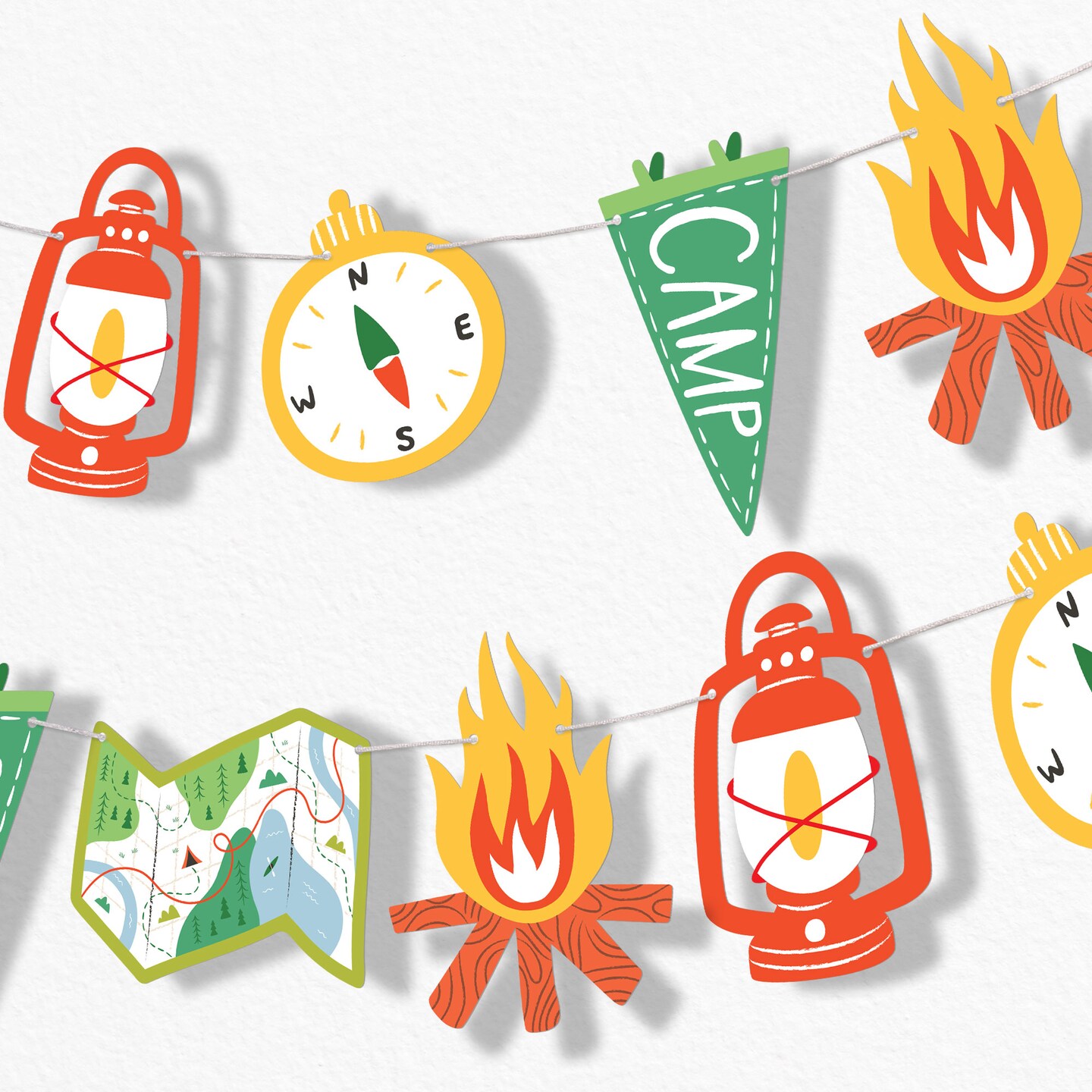 Big Dot of Happiness Camping Garland Banner, Happy Camper Kids Birthday Party Decor Banner Backdrop, 30 Feet of Cord, 15 Double-Sided Camping Supplies