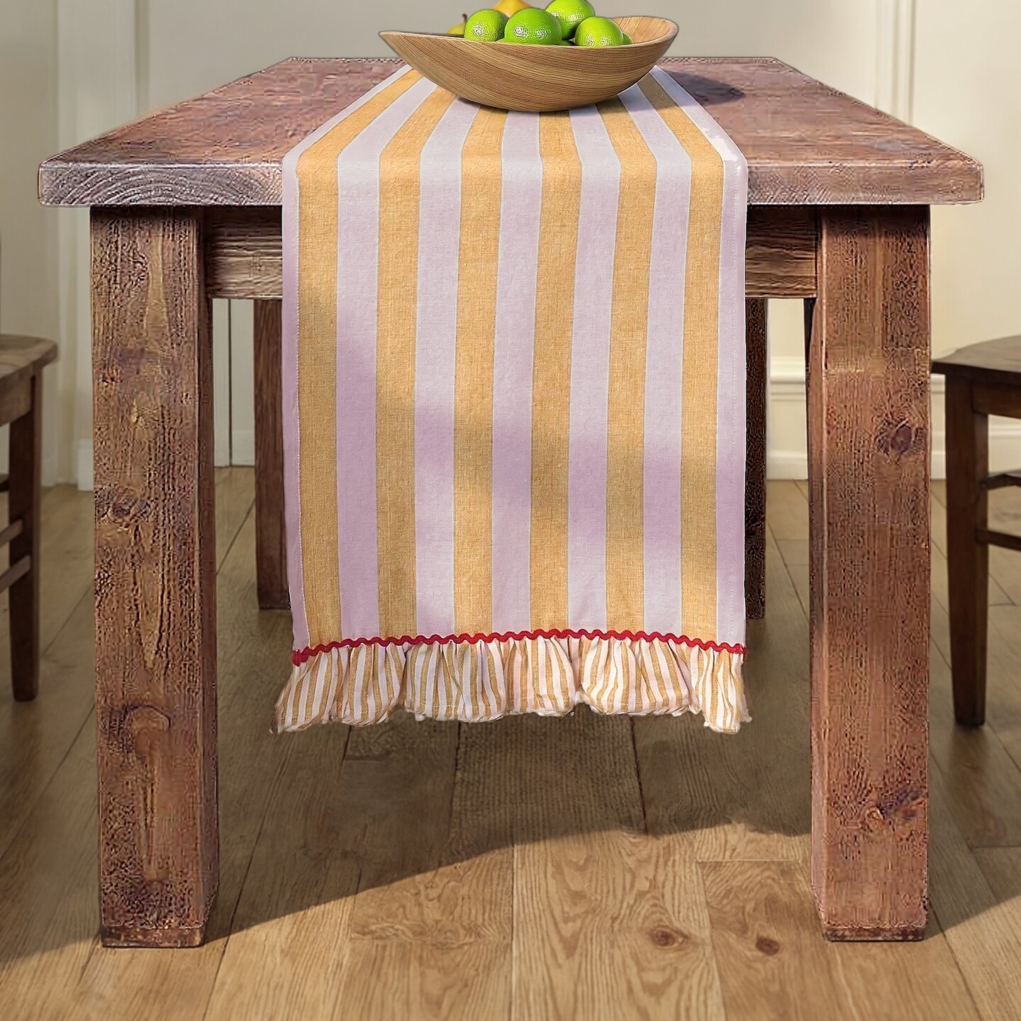 Hello Honey Woven Cotton Striped Table Linens with Ruffle & Ric Rac Trim