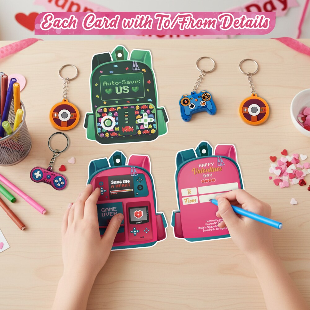 4E’s Novelty 30 Pack Video Game Valentines Cards with Gamer Keychain Valentines for Kids Classroom