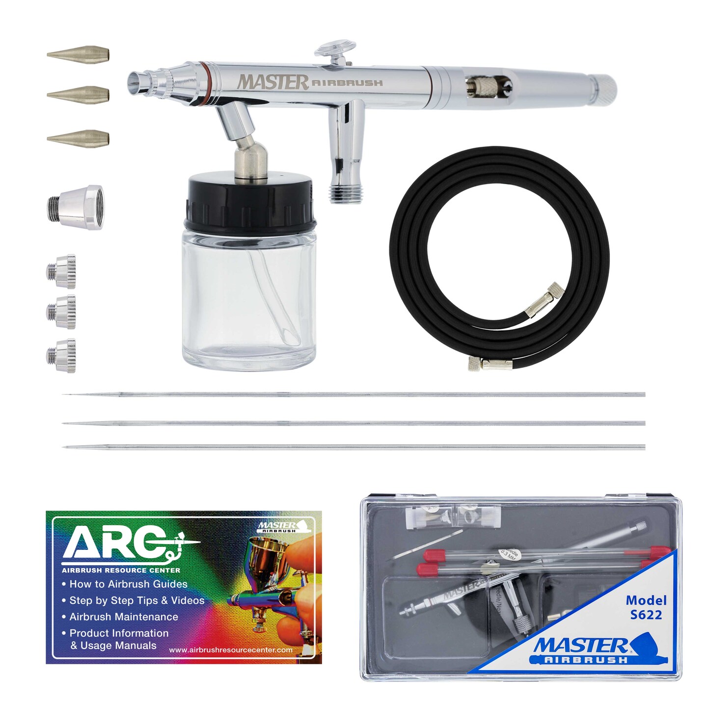 Master Hi-Flow S622 Pro Set Dual-Action Siphon Feed Airbrush Set with 3 Nozzle Sets (0.3, 0.5 &#x26; 0.8mm) &#x26; 1 Bottle (Includes 6 ft. Braided Air Hose)