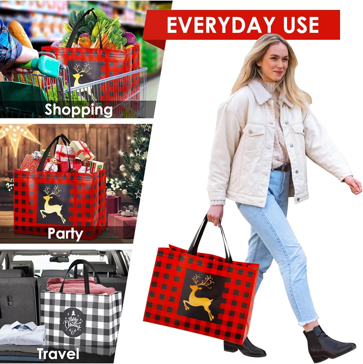 8 Pack Extra Large Christmas Gift Bags, Reusable Tote Bags with Handle Non-Woven Christmas Grocery Shopping Totes for Holiday Xmas, 16.9 * 12.6 * 6.8"