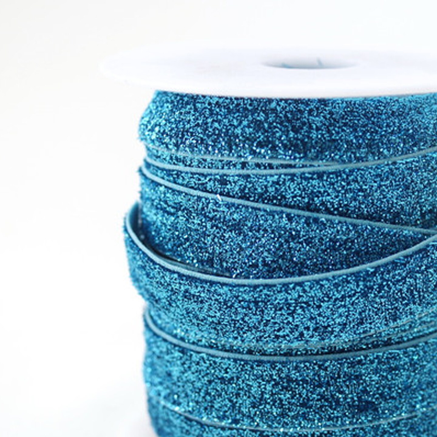 5/8" x 20 Yards Fold Over Elastic Stretch Turquoise Glitter Trim
