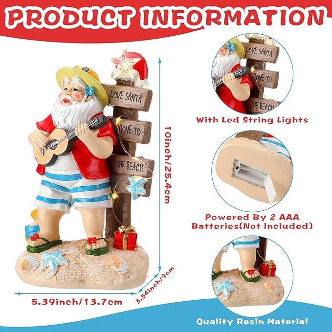 Lighted Christmas Beach Santa Decorations LED Dreams Santa Claus by The Sea Seaside Christmas Tabletop Figurines Collectibles Resin Table Statues Centerpiece Xmas Gift Party Home Decor (Santa)
