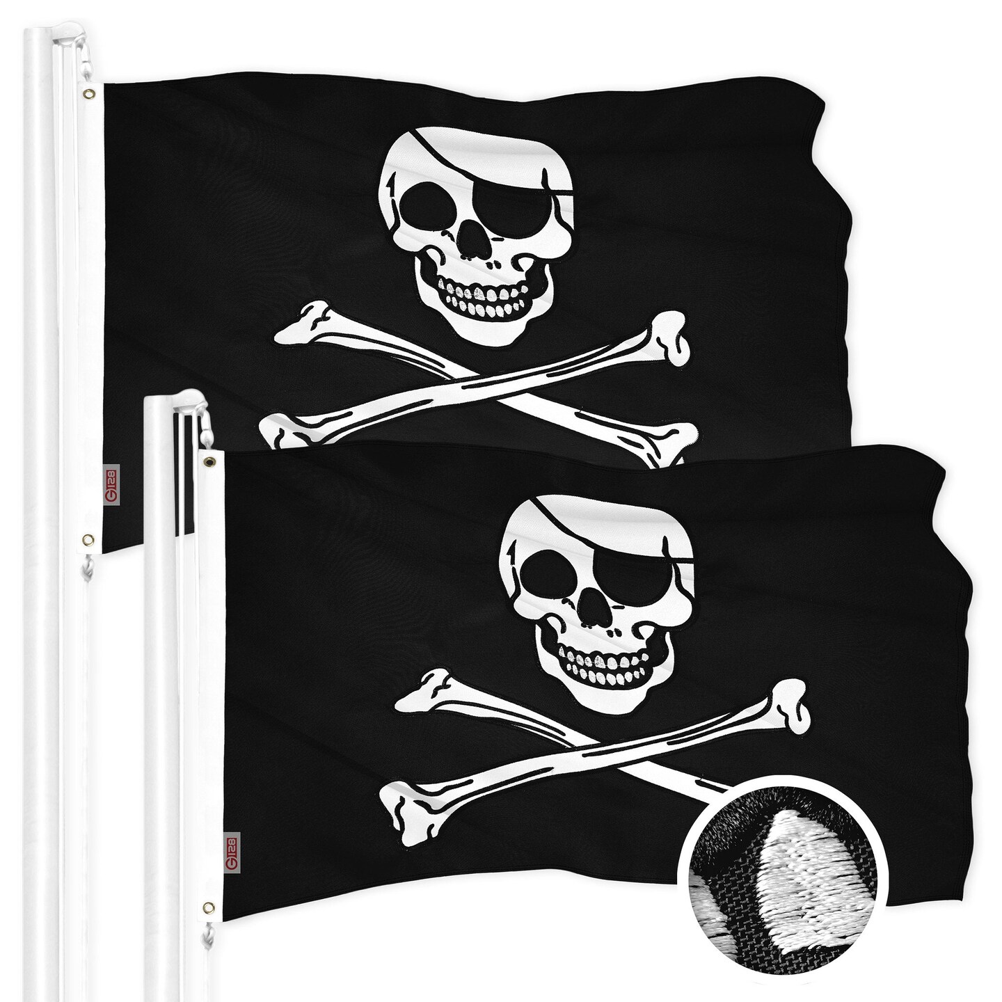 G128 2 Pack: Pirate Jolly Roger Bones Flag | 1x1.5 Ft | ToughWeave Series Embroidered 300D Polyester | Novelty Flag, Embroidered Design, Indoor/Outdoor, Brass Grommets