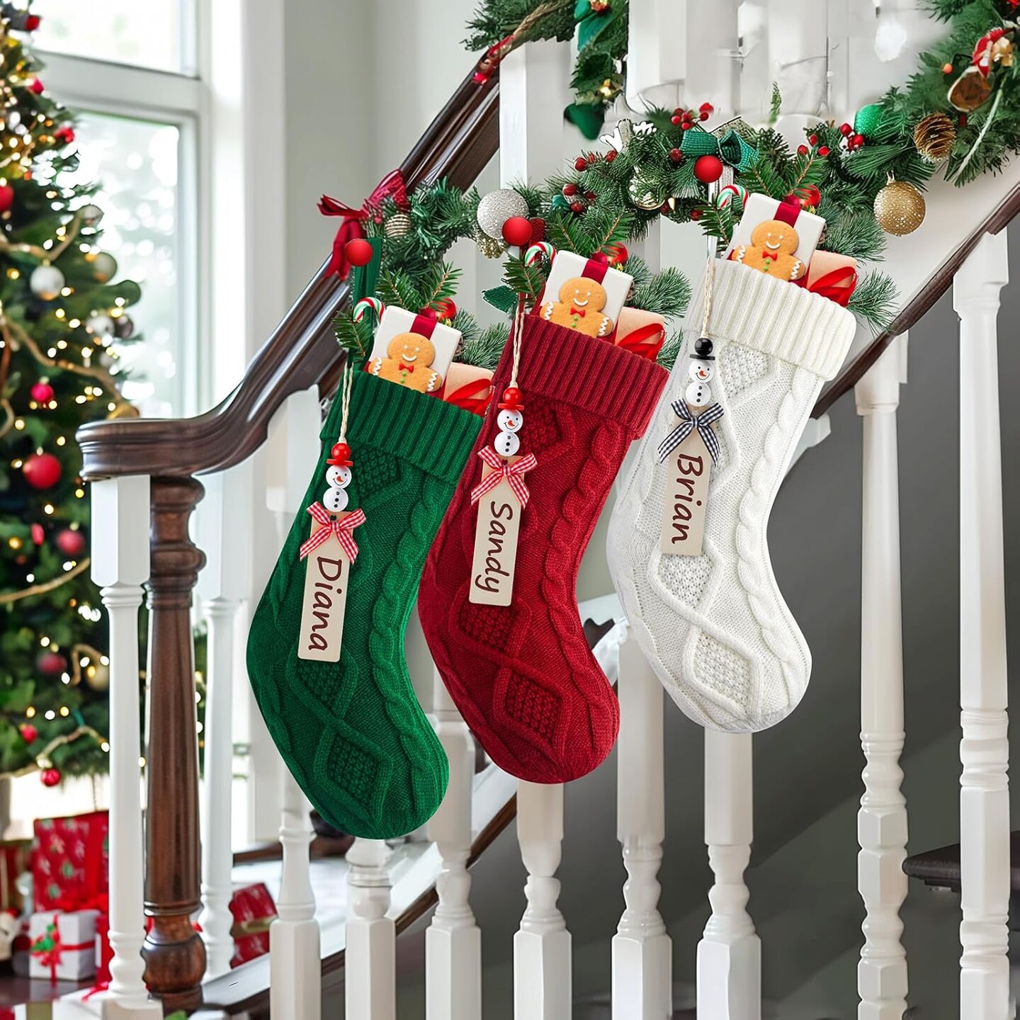 Personalized Christmas Stockings - 18 Inches Hanging Stockings with DIY Snowman Name Tags, 6 Pack Large Size Knitted Stockings for Mantels, Christmas Tree Family Holiday Decor, Red Green White
