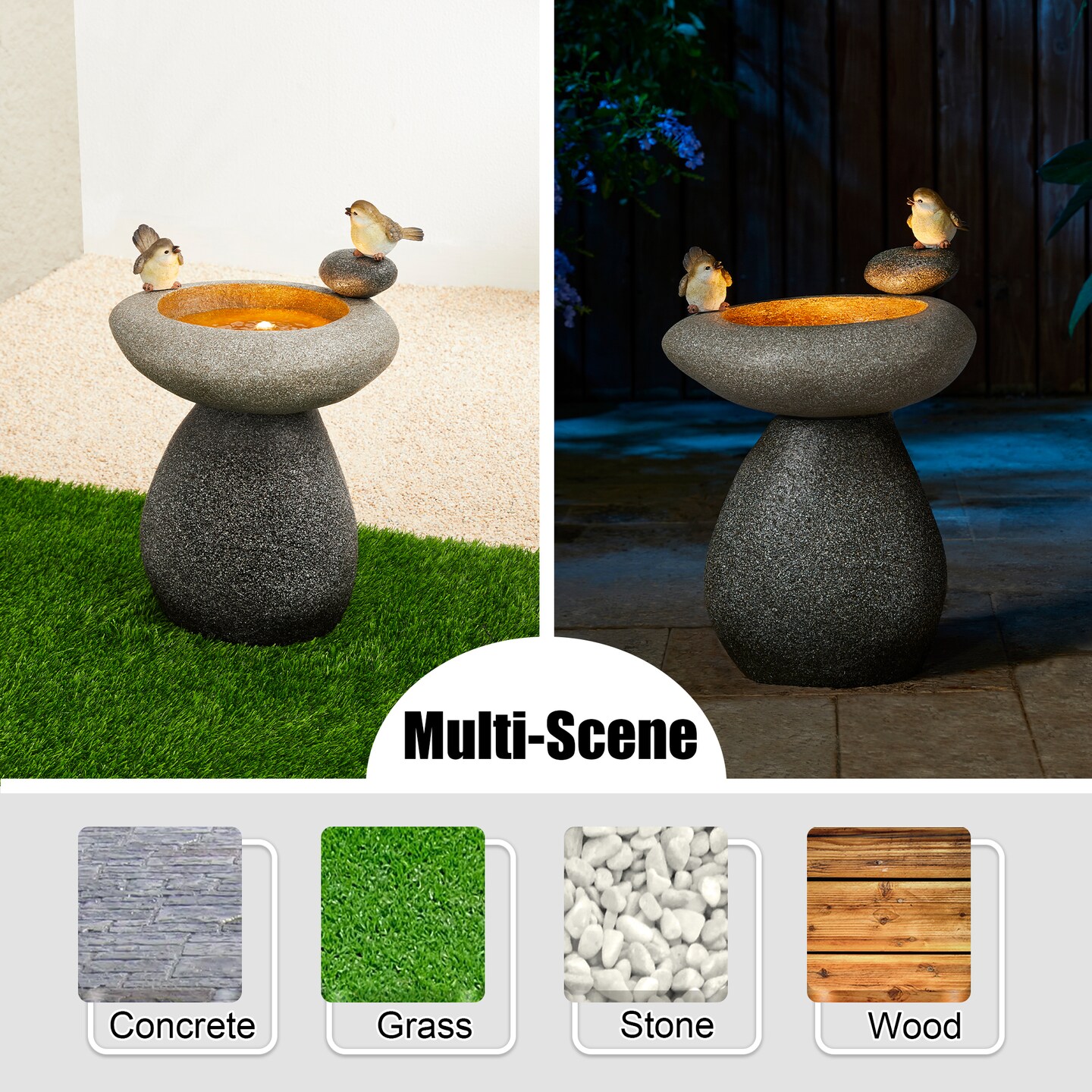 20.75&#x27;&#x27;H Zen-Style Faux Stone Texture Birdbath Polyresin Outdoor Fountain with Birds, Pump and LED Light (KD)