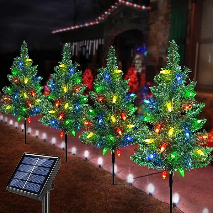 Upgraded 4-Pack Solar Christmas Garden Stake Lights, Decorative Xmas Tree Solar Christmas Yard Stake Outdoor Waterproof Christmas Pathway Lights for Christmas Decoration Garden Patio Yard