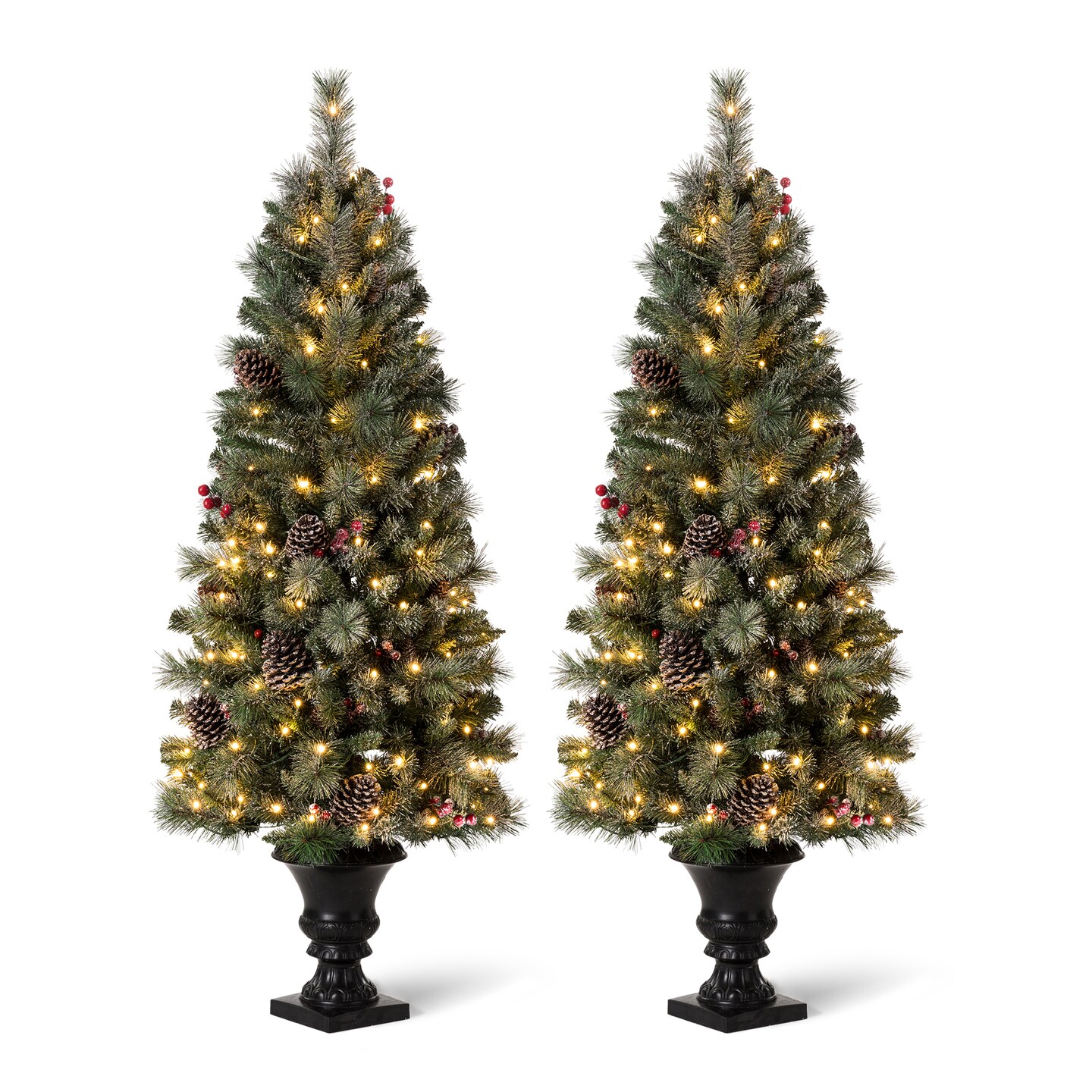Set of 2/3 4ft/5ft/6ft Flocked Pinecone Christmas Potted Porch Tree With Warm White Lights