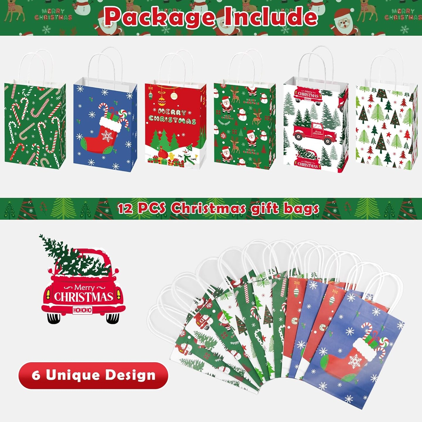 Christmas Gift Bags - 12 Pack Christmas Bags for Gifts - Large Christmas Gift Bags | Christmas Gift Baskets | christmas Treat Bags - Christmas Goodie Bag - Christmas Gifts for Kids Men Women