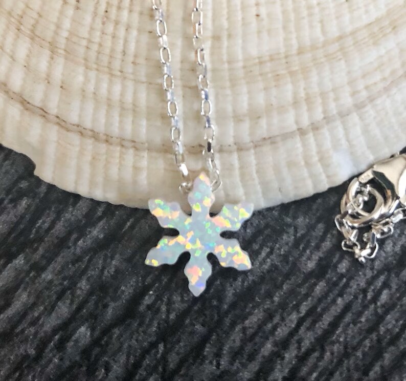 Snowflake White Opal Pendant Necklace in Sterling Silver, Little Ballerina Gift