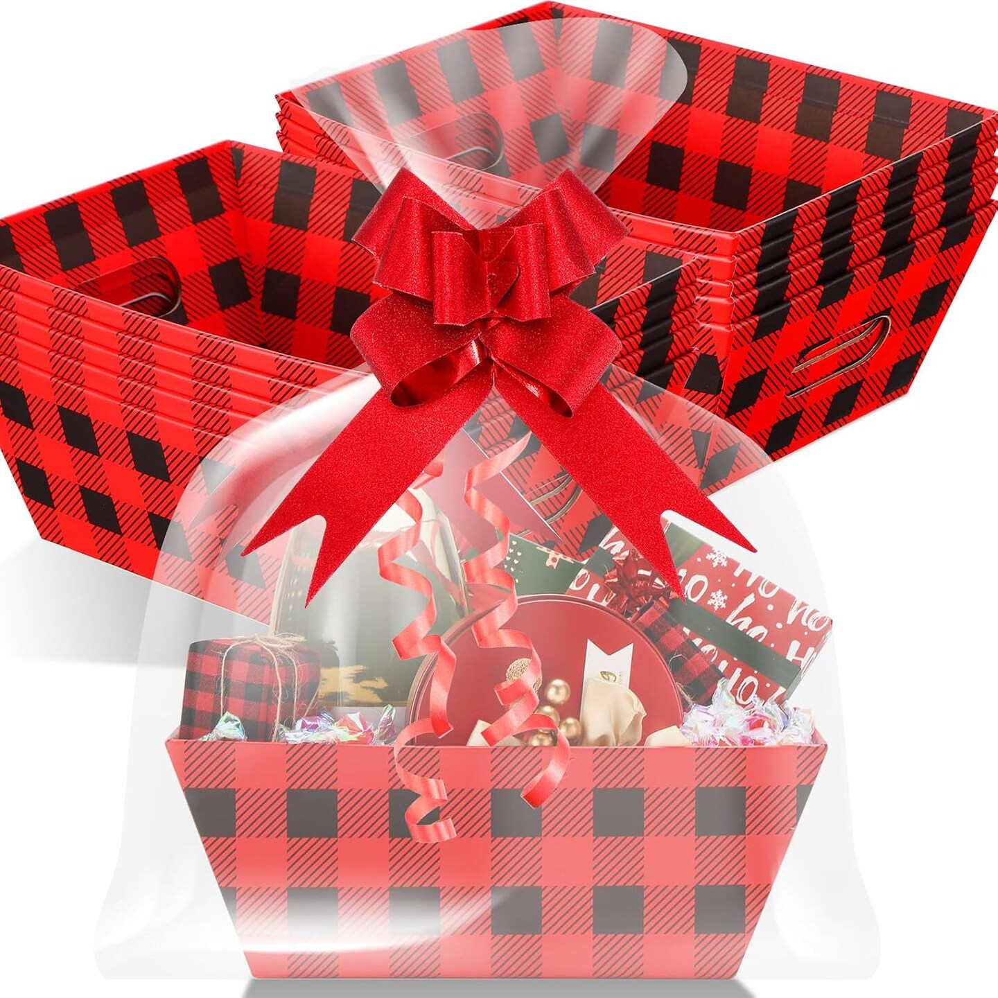 36 Pcs Christmas Baskets for Gifts Empty Set Includes 12 Buffalo Plaid Christmas Basket for Gifts to Fill, Sturdy Cardboard Baskets Bulk 12 Bags 12 Pull Bows for Christmas Xmas