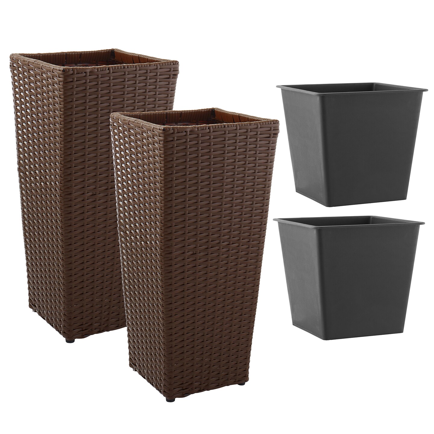 Casafield Set of 2 All-Weather Outdoor Planters with Liners, Tall Tapered Plant Boxes with Flower Pots for Front Porch, Patio, Garden - Espresso
