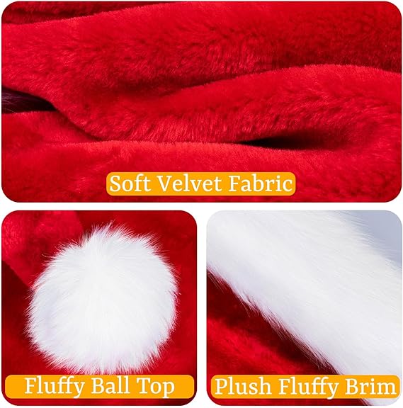 Christmas Hat, Santa Hat, Xmas Holiday Hat for Adults, Unisex Velvet Classic Santa Hat for Xmas New Year Party Headwear