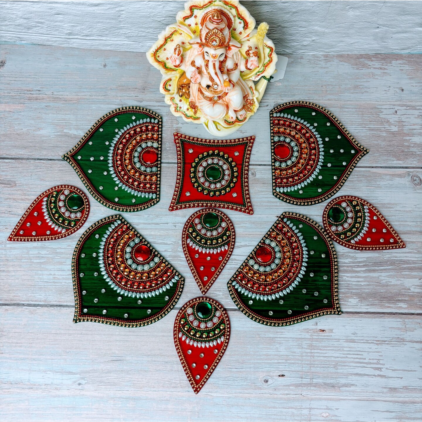 Diwali Acrylic Rangoli Set Decorative Pooja Floor Rangoli with Studded Stones Indian Traditional Multicolor Handmade Reusable Rangoli Set Festive Home Decor Housewarming Gift