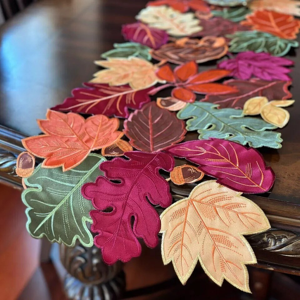 AUTUMN LEAVES Table Runner, Handmade, 13&#x22;x90&#x22; Fall Decoration Thanksgiving Decor