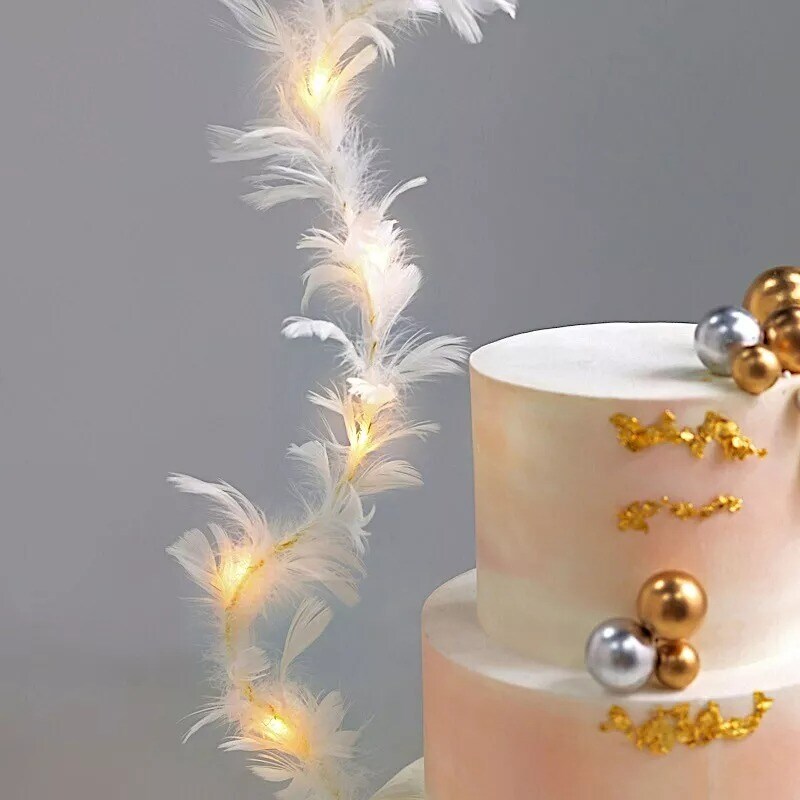 Warm White Real Feathers Adjustable CAKE TOPPER LED Lights Party Supplies