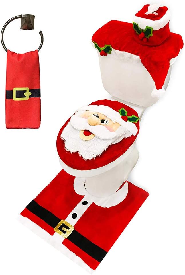 5 Pieces Christmas Theme Bathroom Decoration Set w/Toilet Seat Cover, Rugs, Tank Cover, Toilet Paper Box Cover and Santa Towel for Xmas Indoor D&#xE9;cor, Party Favors (Santa)