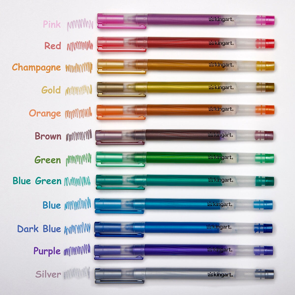 KINGART&#xAE; Metallic Gel Pens, Scrapbook, Journals, or Drawing, Colored Metallic Ink, Medium Line , Set of 12 Unique Shades