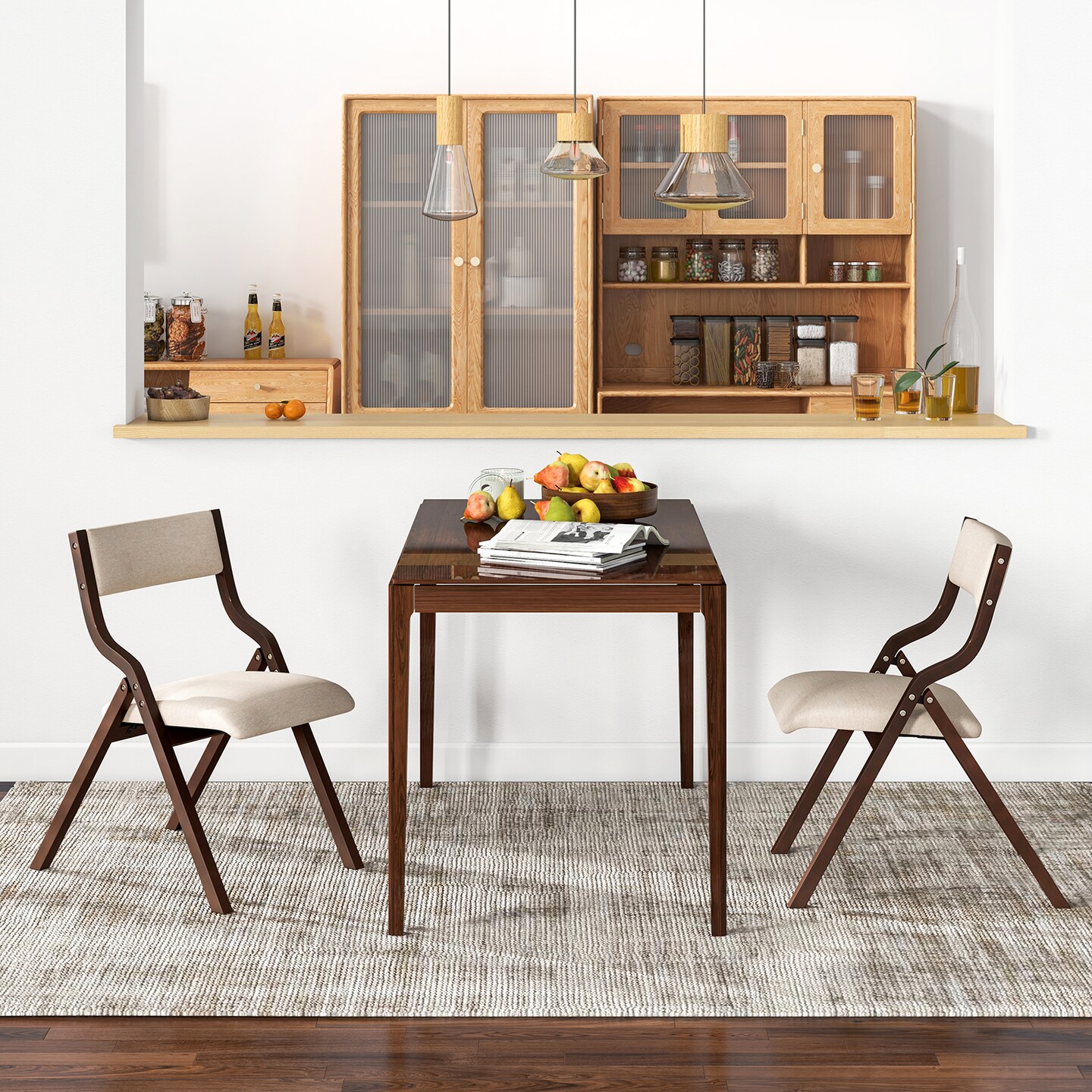 Set of 2 Linen Foldable Dining Chair Wooden Frame Padded Seat