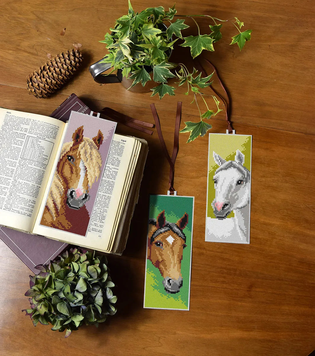 Counted cross stitch kit with plastic canvas Bookmarks &#x22;Horses heads&#x22; set of 3 designs 7693