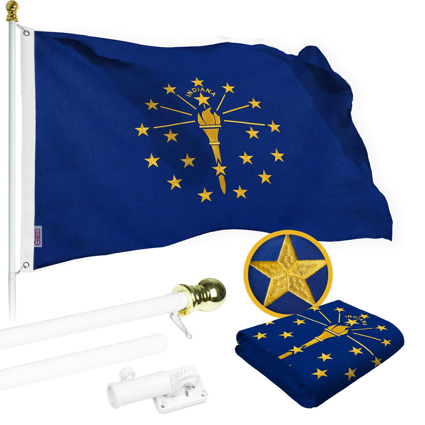 G128 Combo Pack 5 Ft Tangle Free Spinning Flagpole (White) & Indiana