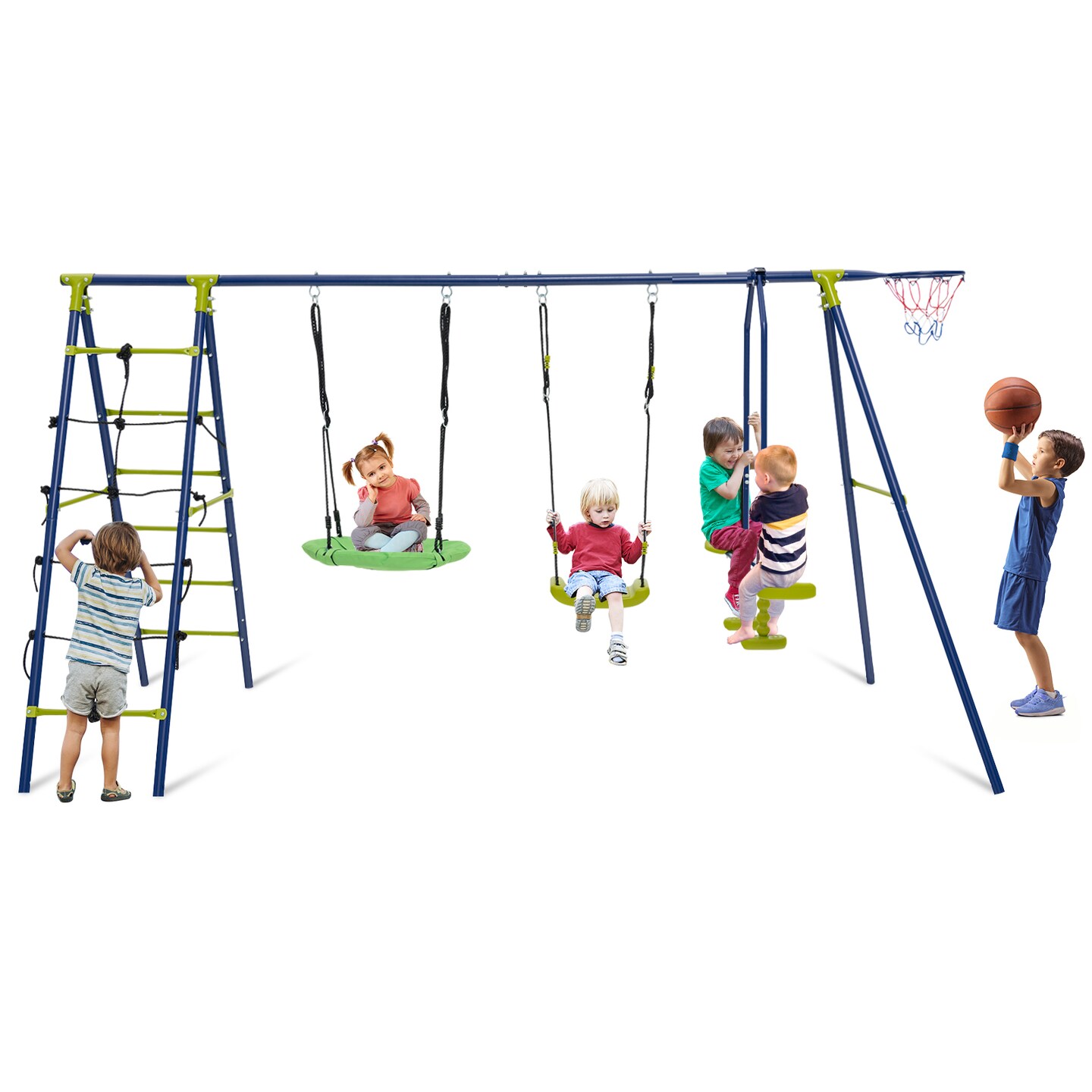 6-in-1 Patio Kids Swing Set with Climbing Net and Ladder
