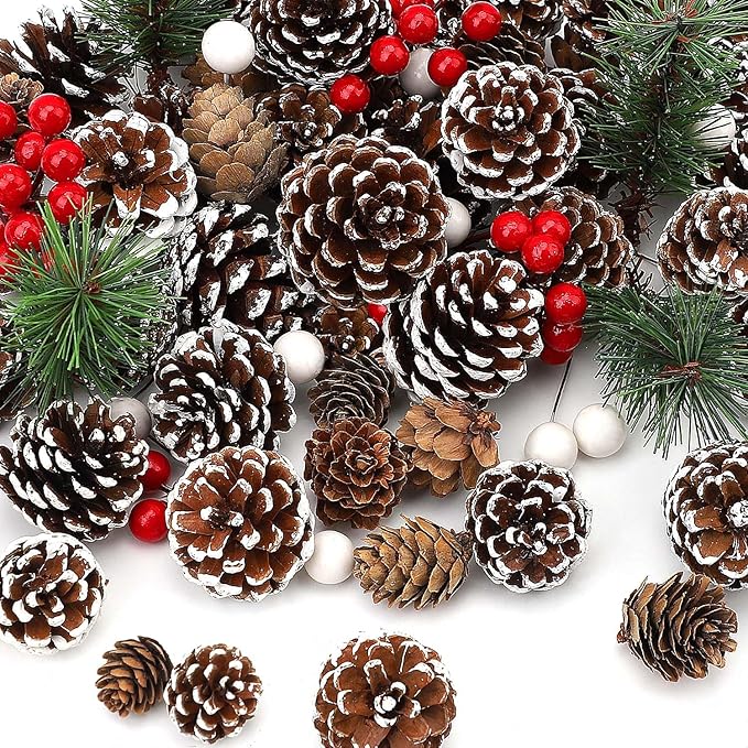 115Pcs Christmas Pine Cones Berry Pine Branch Set White Christmas Decorations for DIY Crafts Home Xmas Tree Gift Party Supplies, Assorted Sizes