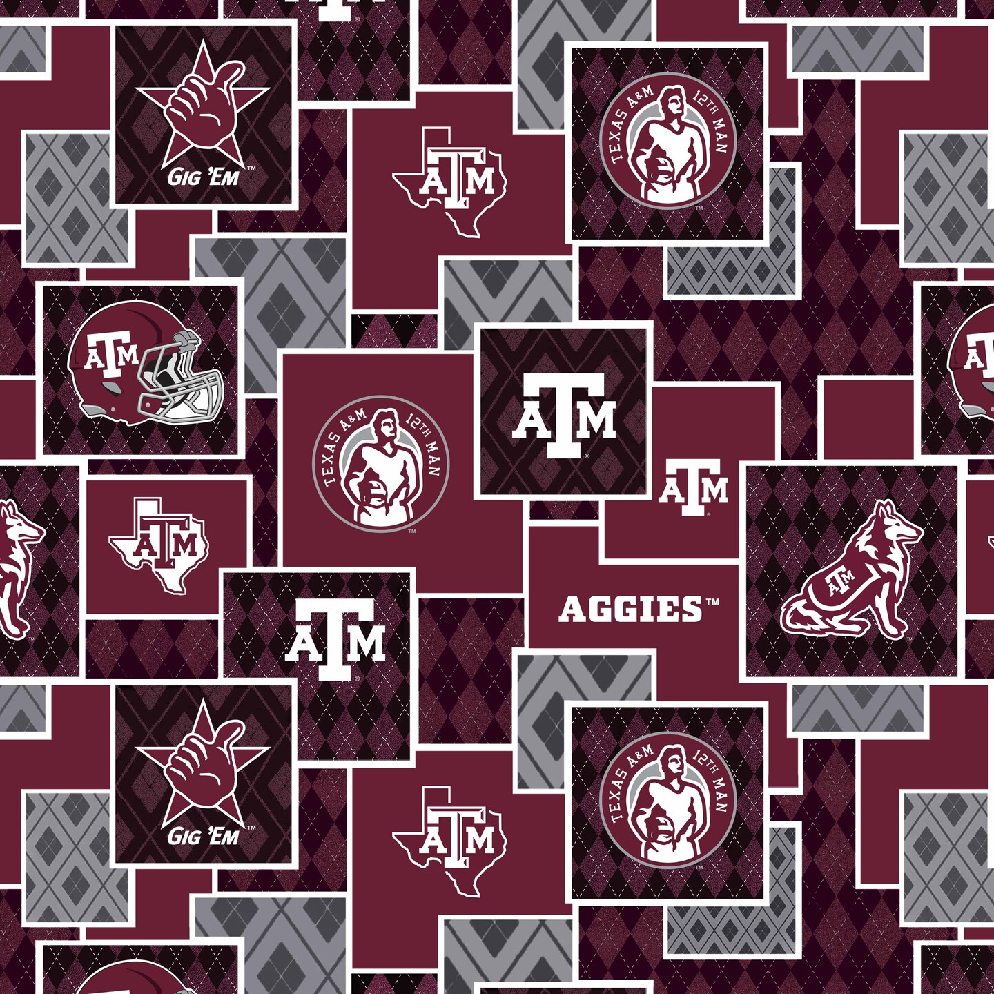 Sykel Enterprises-Texas A&M Cotton Quilting Fabric-Texas A and M Aggies Argyle Boxes Cotton Fabric Sold by the Yard