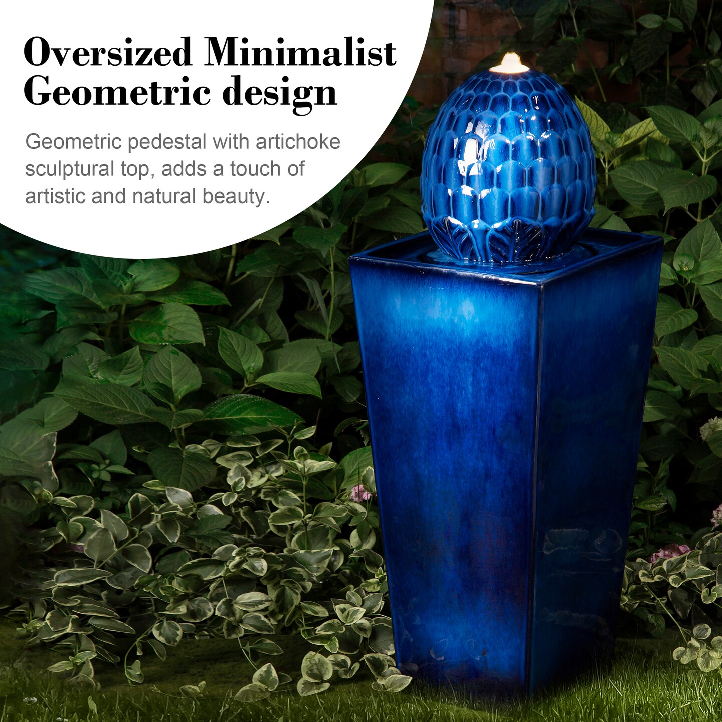 35.75&#x22;H Oversized Artichoke Pedestal Ceramic Outdoor Fountain with LED Light, Includes Pump, Multiple Colors