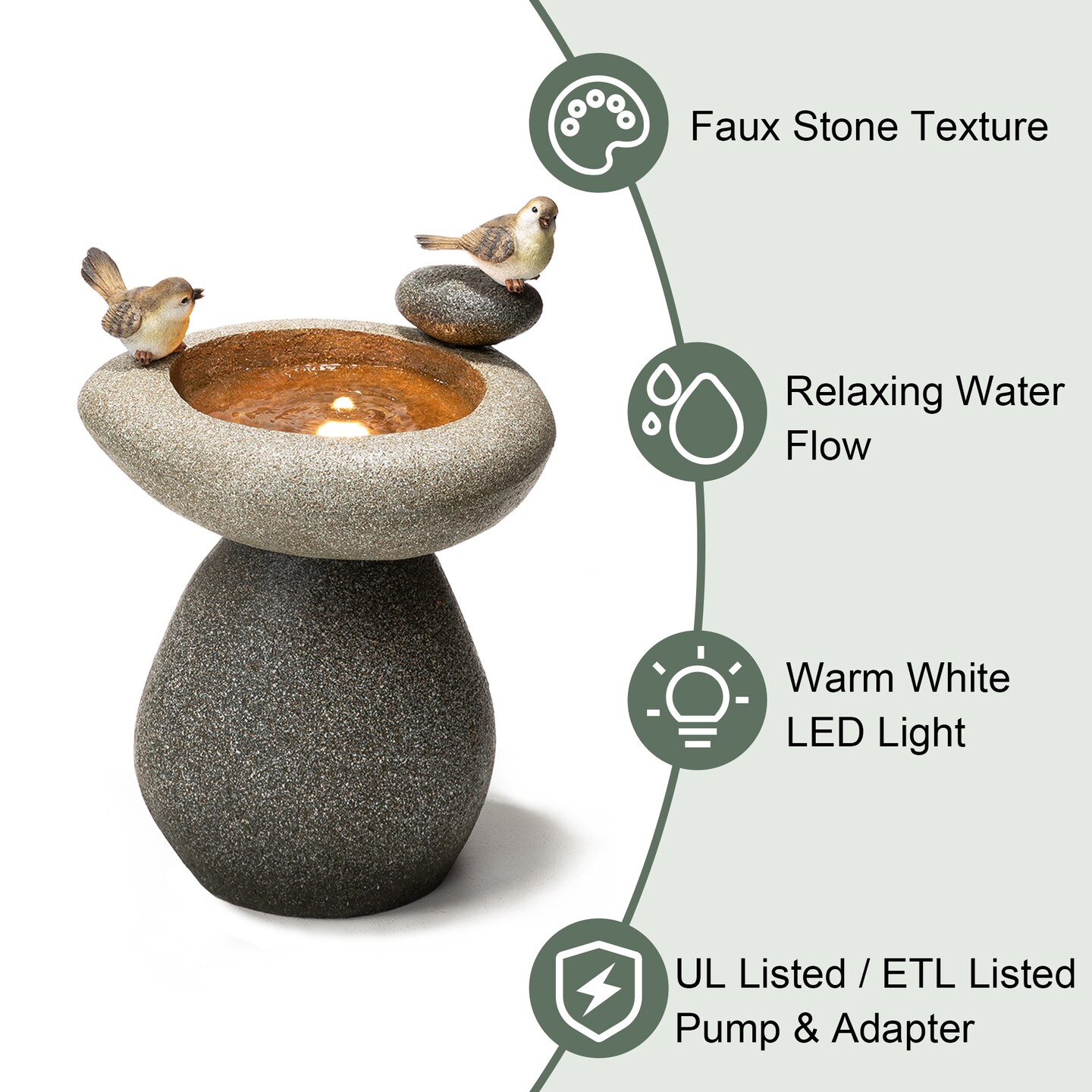 20.75&#x27;&#x27;H Zen-Style Faux Stone Texture Birdbath Polyresin Outdoor Fountain with Birds, Pump and LED Light (KD)