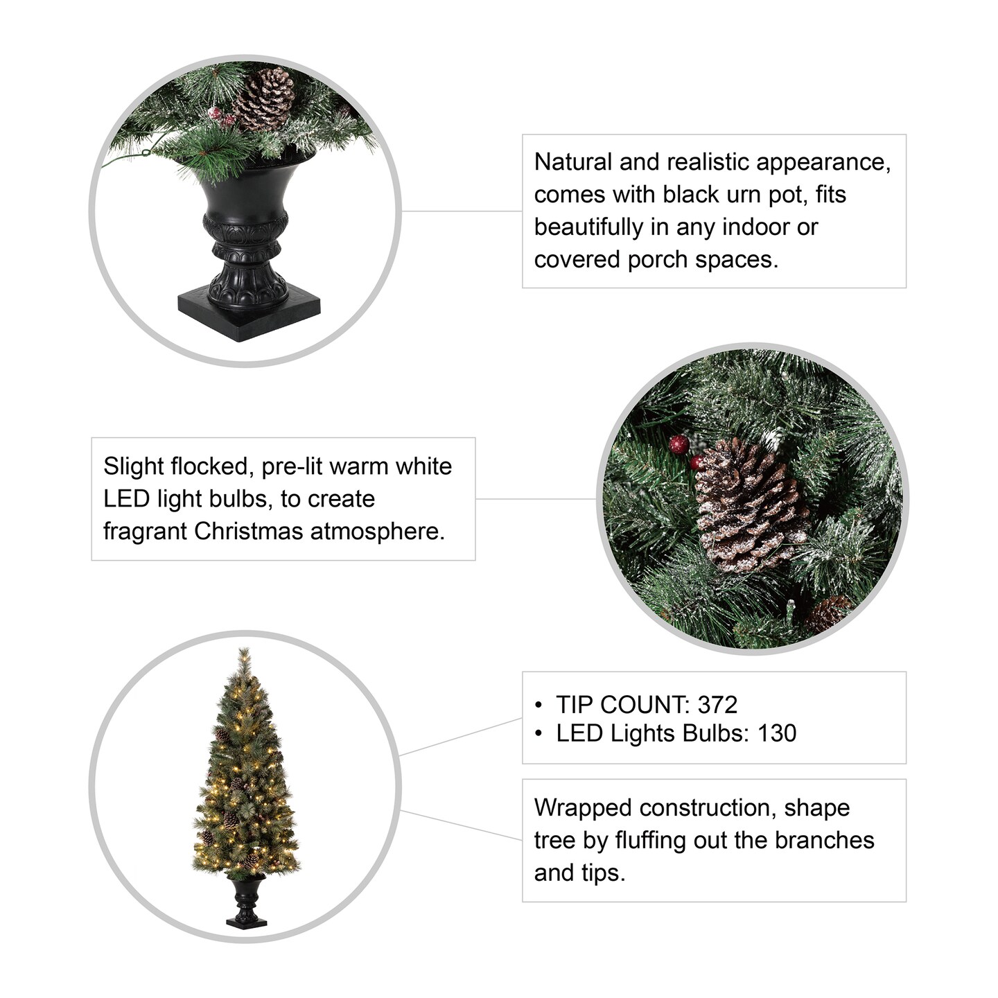 Set of 2/3 4ft/5ft/6ft Flocked Pinecone Christmas Potted Porch Tree With Warm White Lights