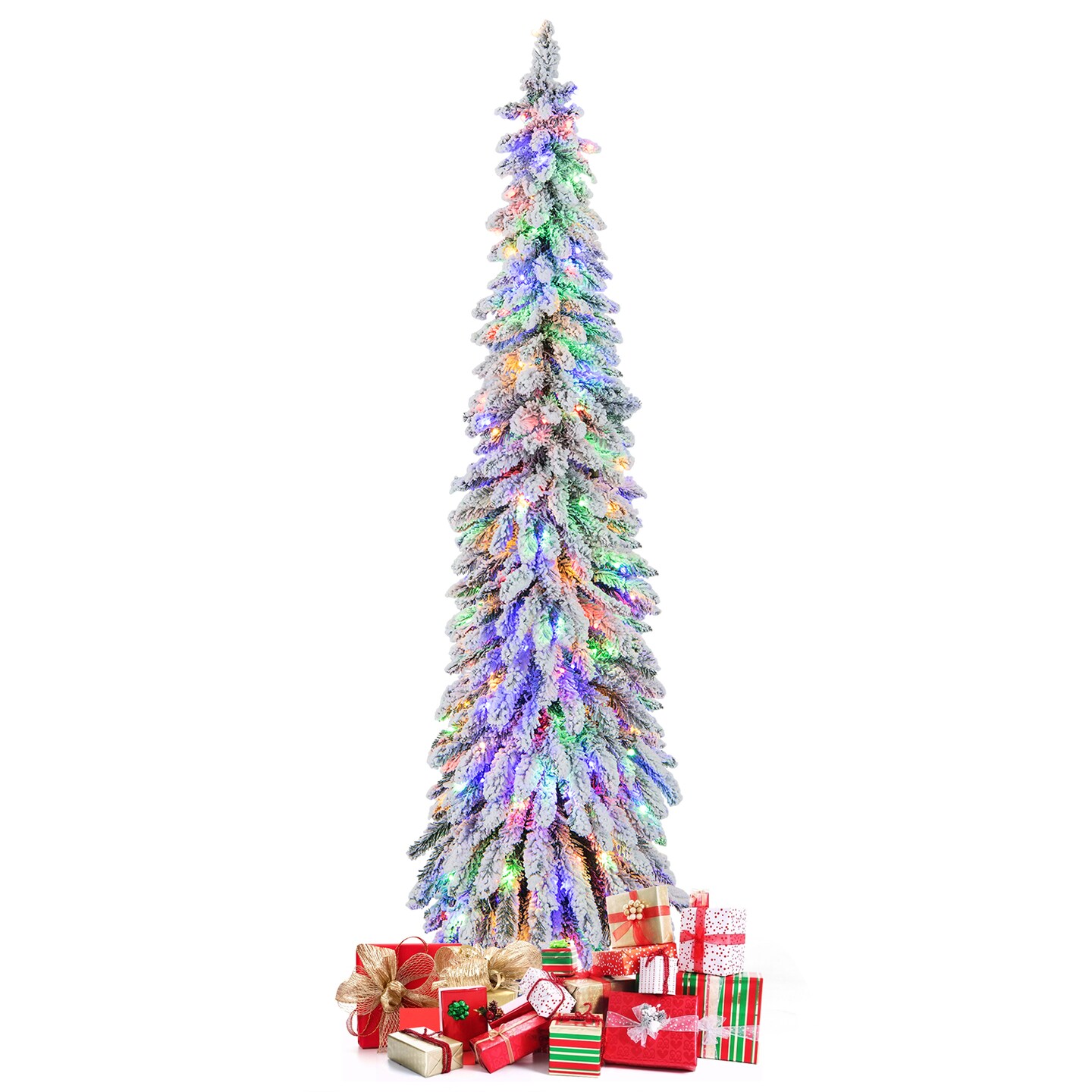 Pre-lit Artificial Christmas Tree Snow-Flocked Slim Pencil X-mas Decor