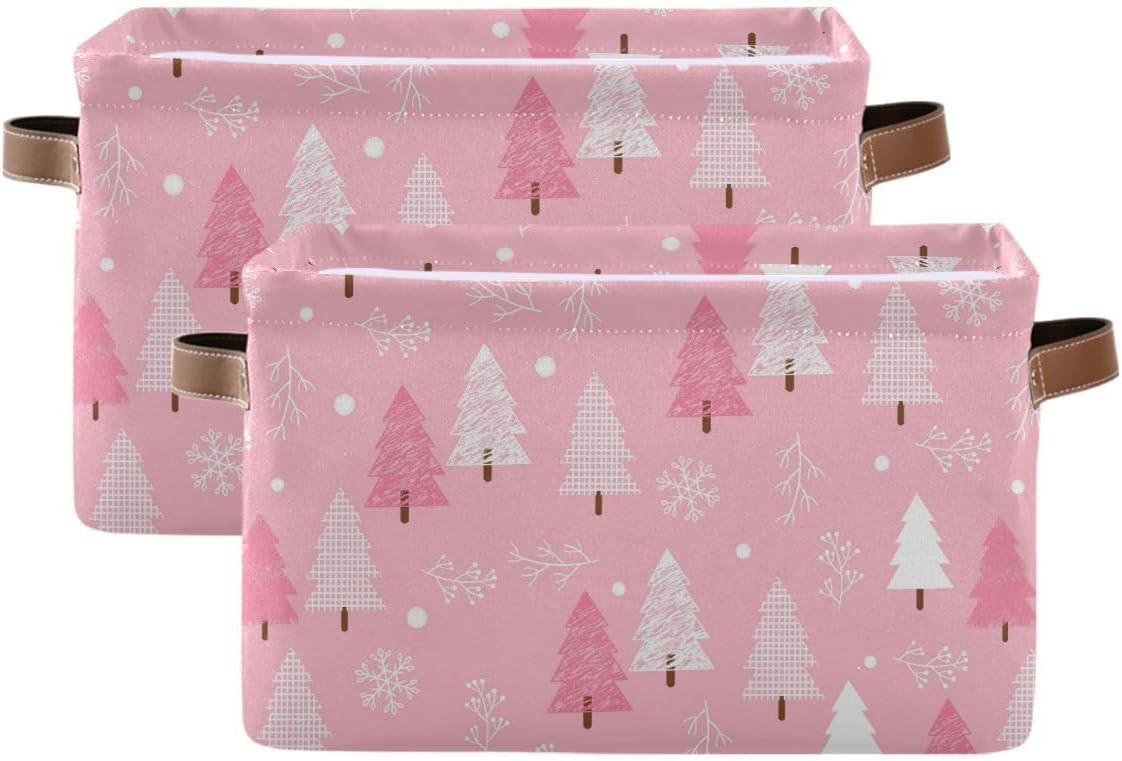 Christmas Tree Pink Storage Basket Fabric Kitchen Baskets Winter Snowflake Xmas Decorations Open Home Storage Bins Boxes Foldable Organizer Bag for Toy Book Shelf Closet Baskets 16&#xD7;12&#xD7;8 Inches