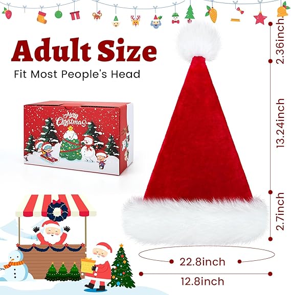 Christmas Hat, Santa Hat, Xmas Holiday Hat for Adults, Unisex Velvet Classic Santa Hat for Xmas New Year Party Headwear