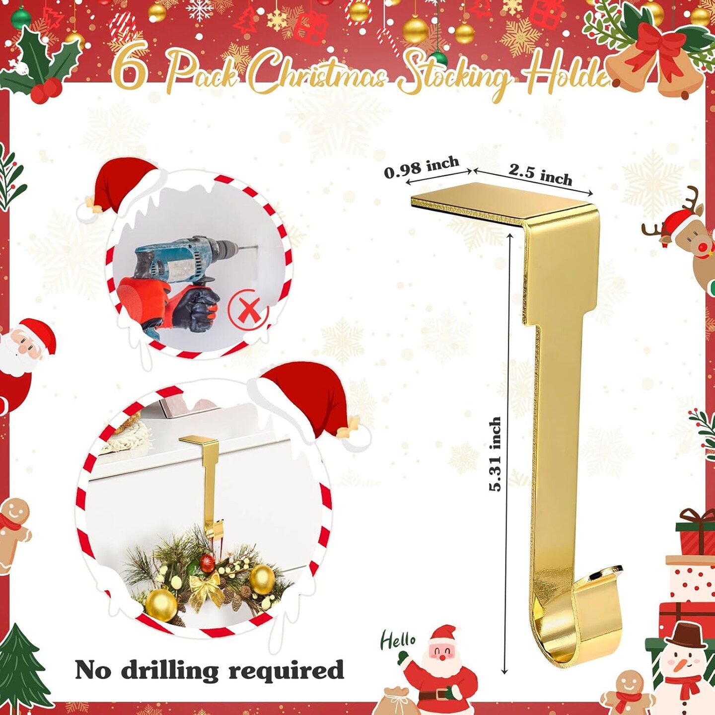 6 Pack Gold Christmas Stockings Holder, Non-Slip Christmas Fireplace Hanger Hooks,Stocking Holders for Mantle for Christmas Decorations (Gold)