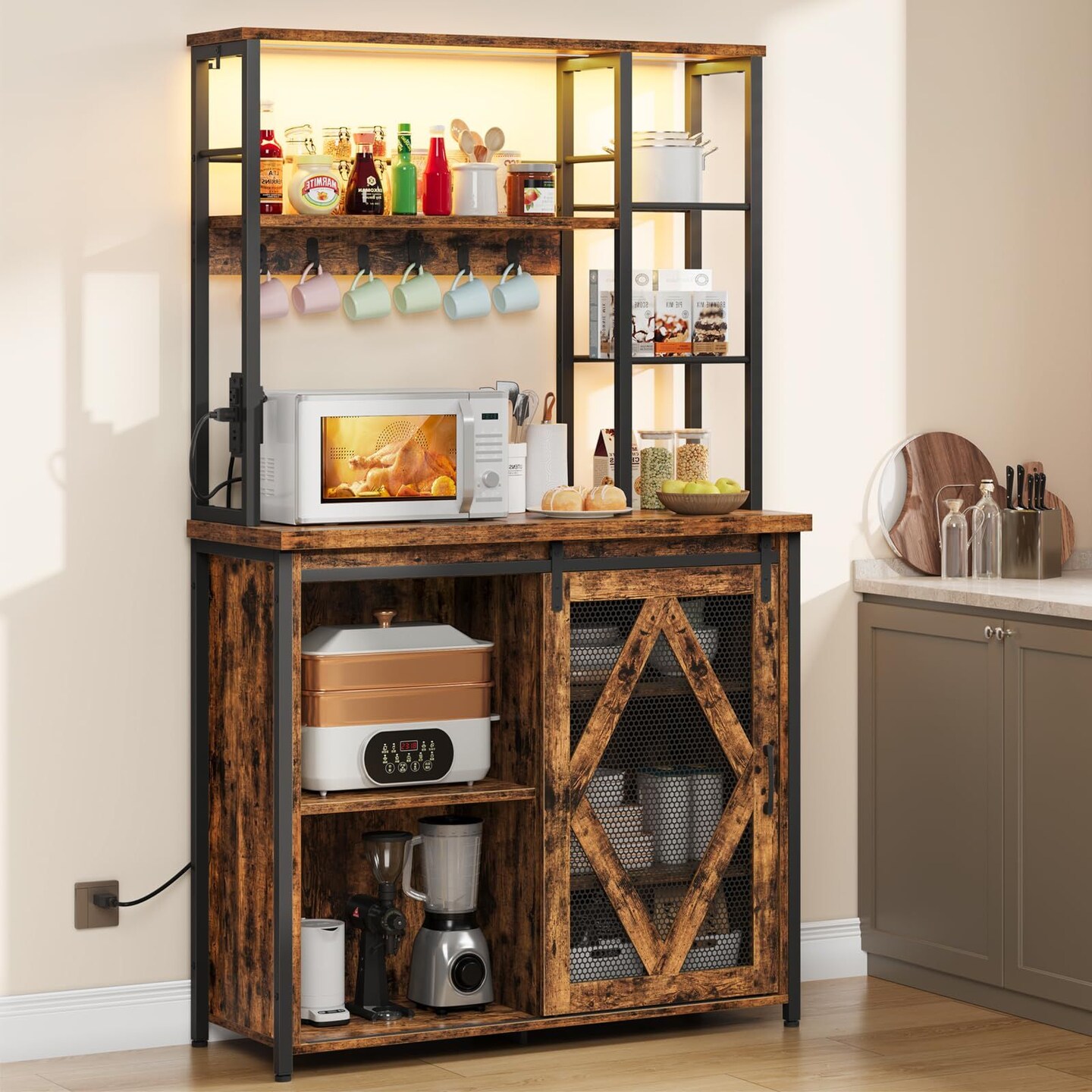 Brown Bakers Rack with Power Outlet Multi-Tier Storage LED Light Kitchen Rack