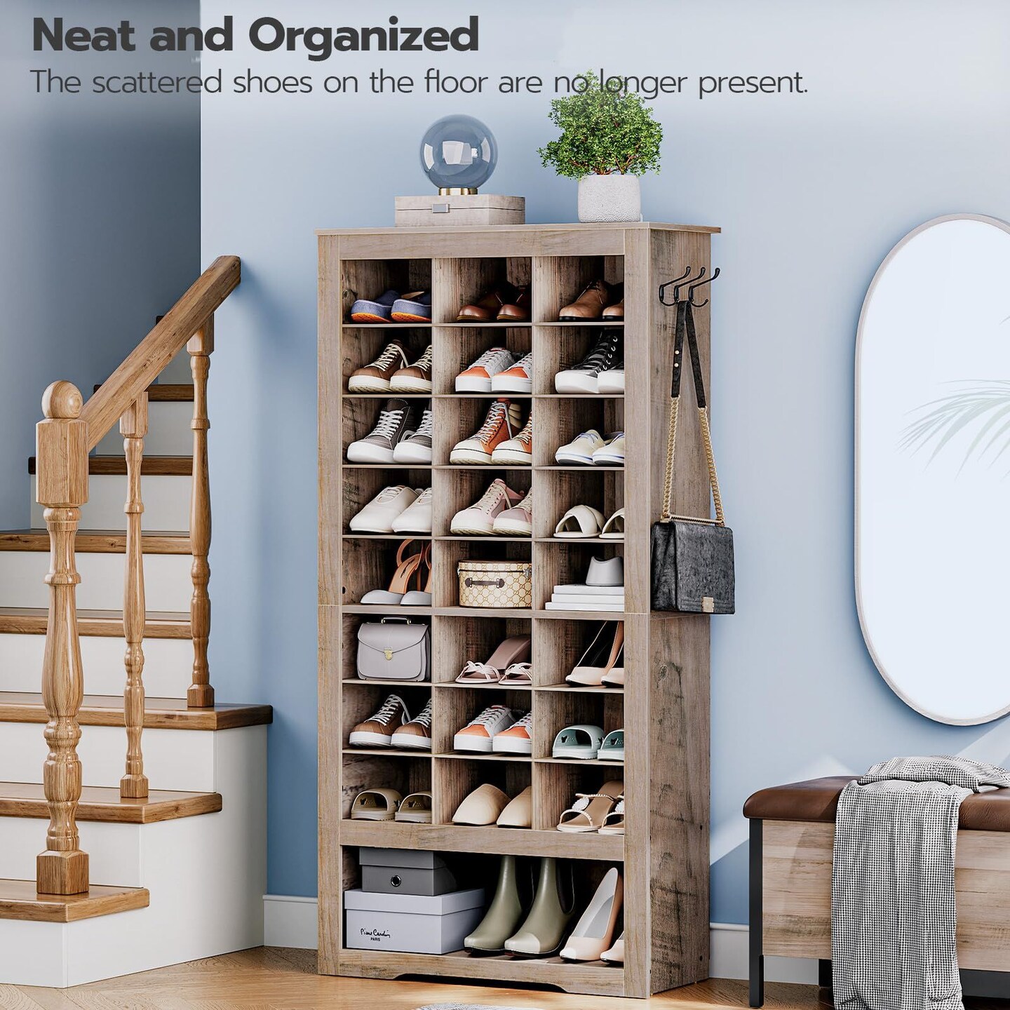 9-Tier Shoe Cabinet 24 Cubes 1 Large Compartment Entryway Storage Organizer