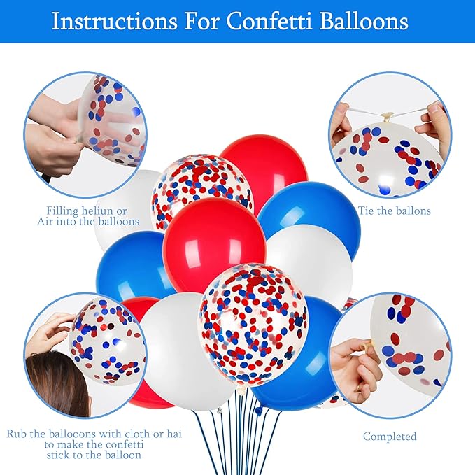 Blue White and Red Birthday Decorations, Patriotic Party Supplies Kit for Men Women Boys Grils, Happy Birthday Banner Paper Pompoms Red Blue Confetti Balloons Star Streamer for 4th of July Baseball