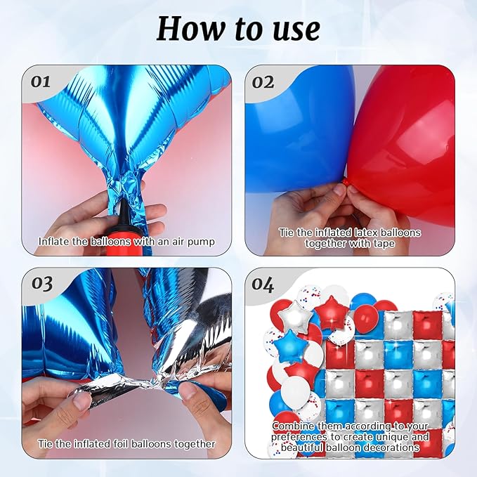 187Pcs Square Balloon Wall Red and Blue Balloons Backdrop 4th of July Party Double Sided White Star Balloons Foil for Independence Day Patriotic Anniversary Graduation Birthday Wedding Decorations