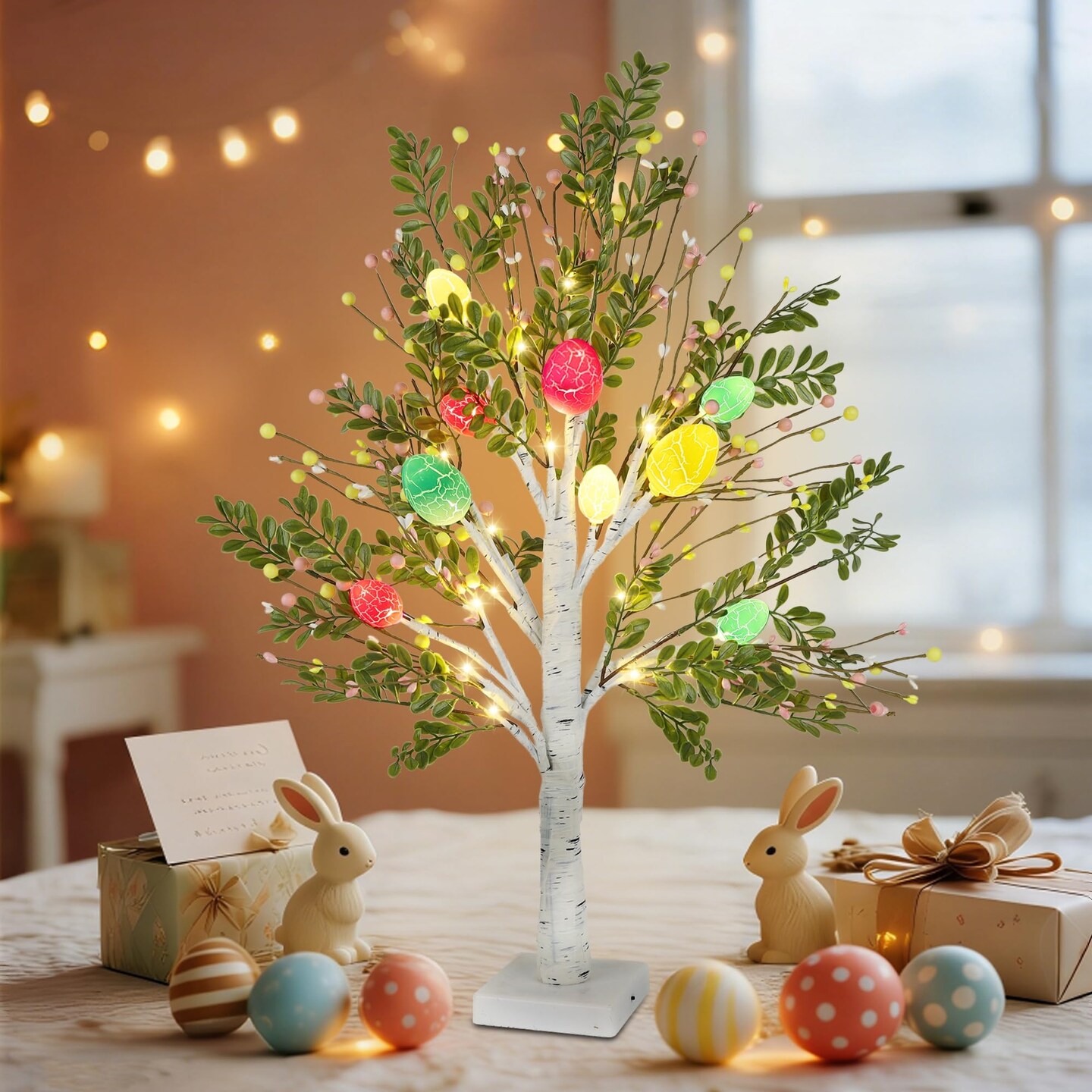 27 Inch Easter Decorations for Home – 2 Pack Lighted Easter Trees, Light Up Birch Trees with Easter Egg, Tabletop Spring Decor for Mantel Indoor Office
