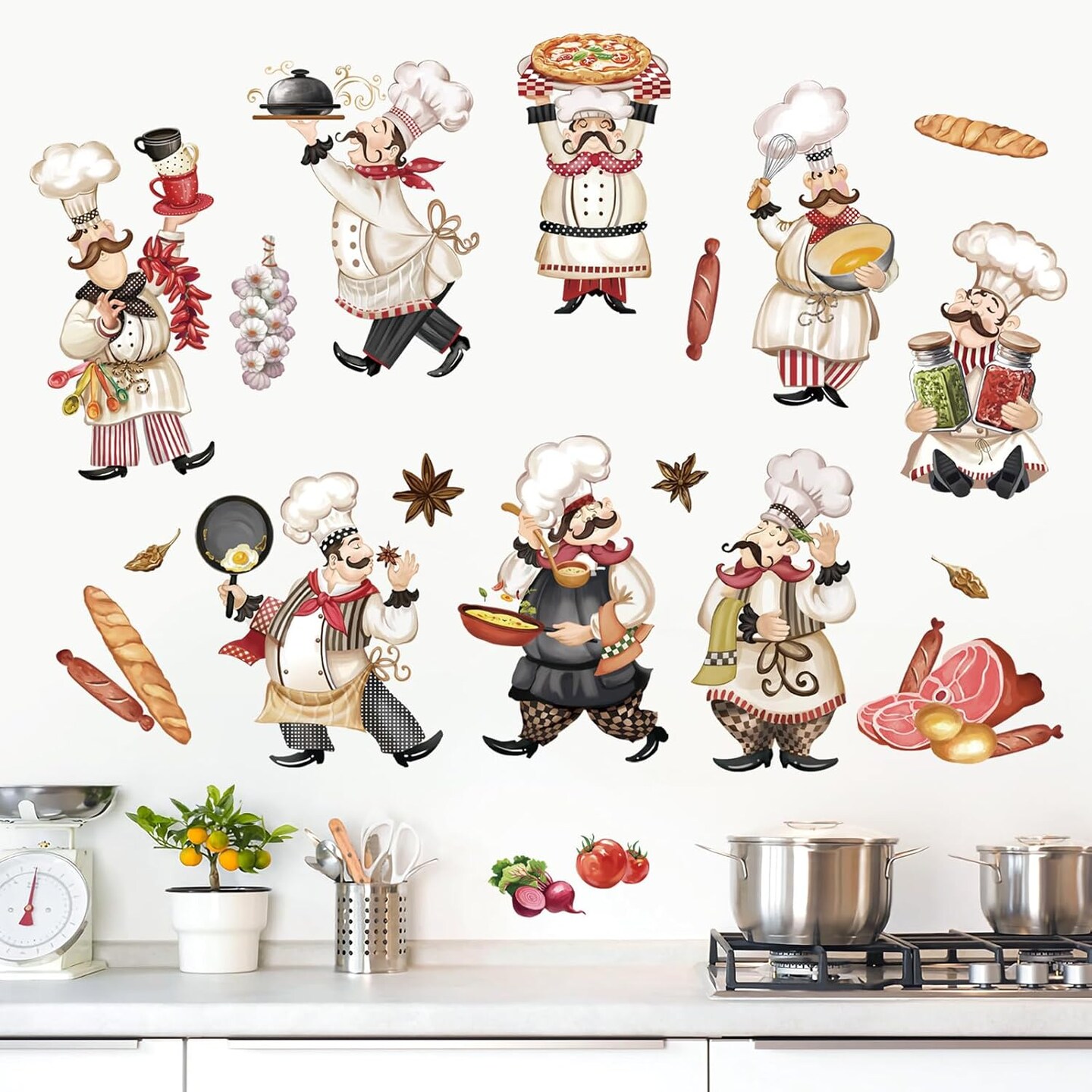 Chef Kitchen Wall Stickers Food Cooking Kitchenware Peel and Stick Wall Art Decals (Multi)