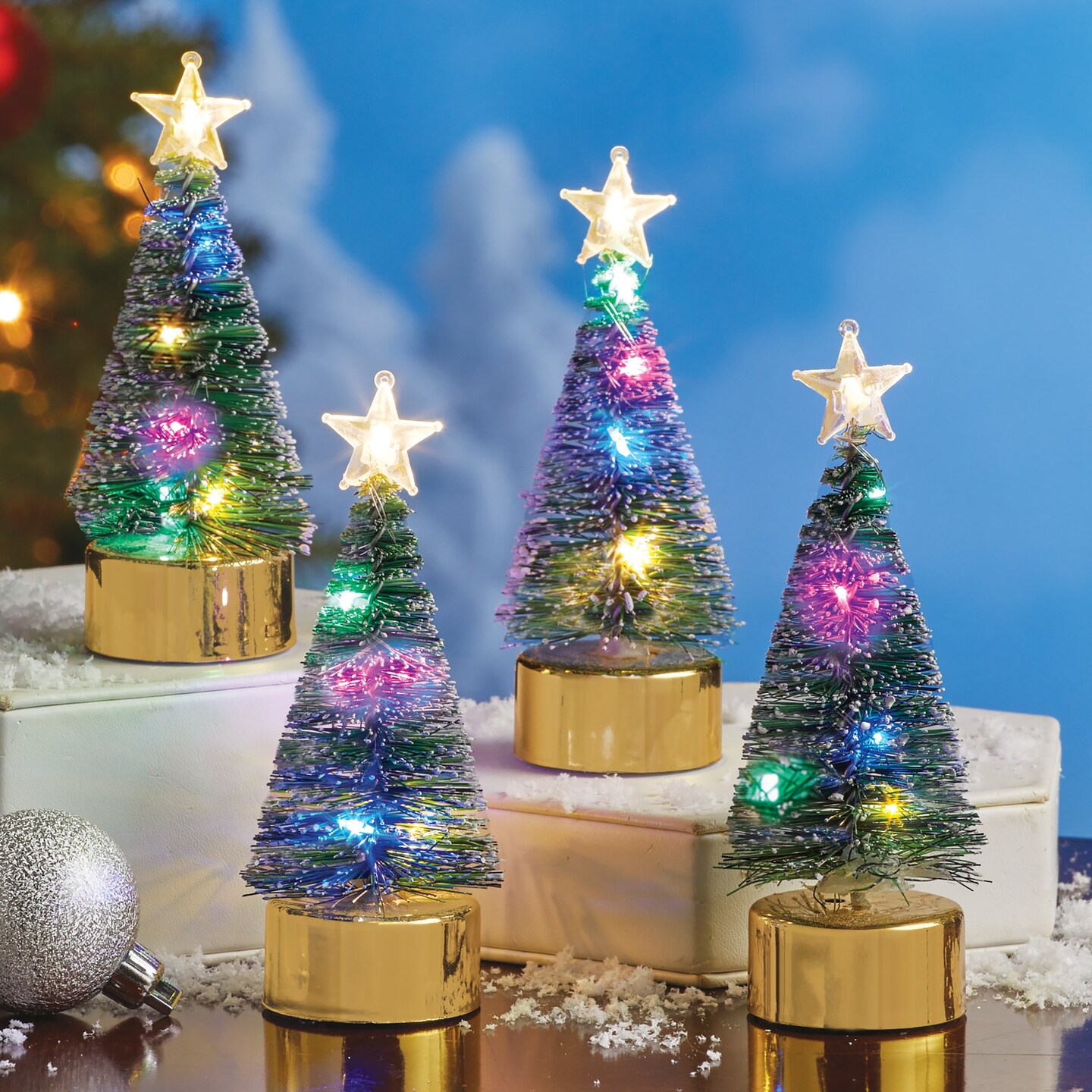 Collections Etc Multicolor Lighted Christmas Trees Decorations - Set of 4