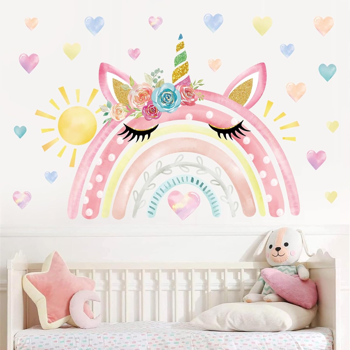 Watercolor Large Rainbow Wall Stickers Unicorn Rainbow Hearts Sun Peel