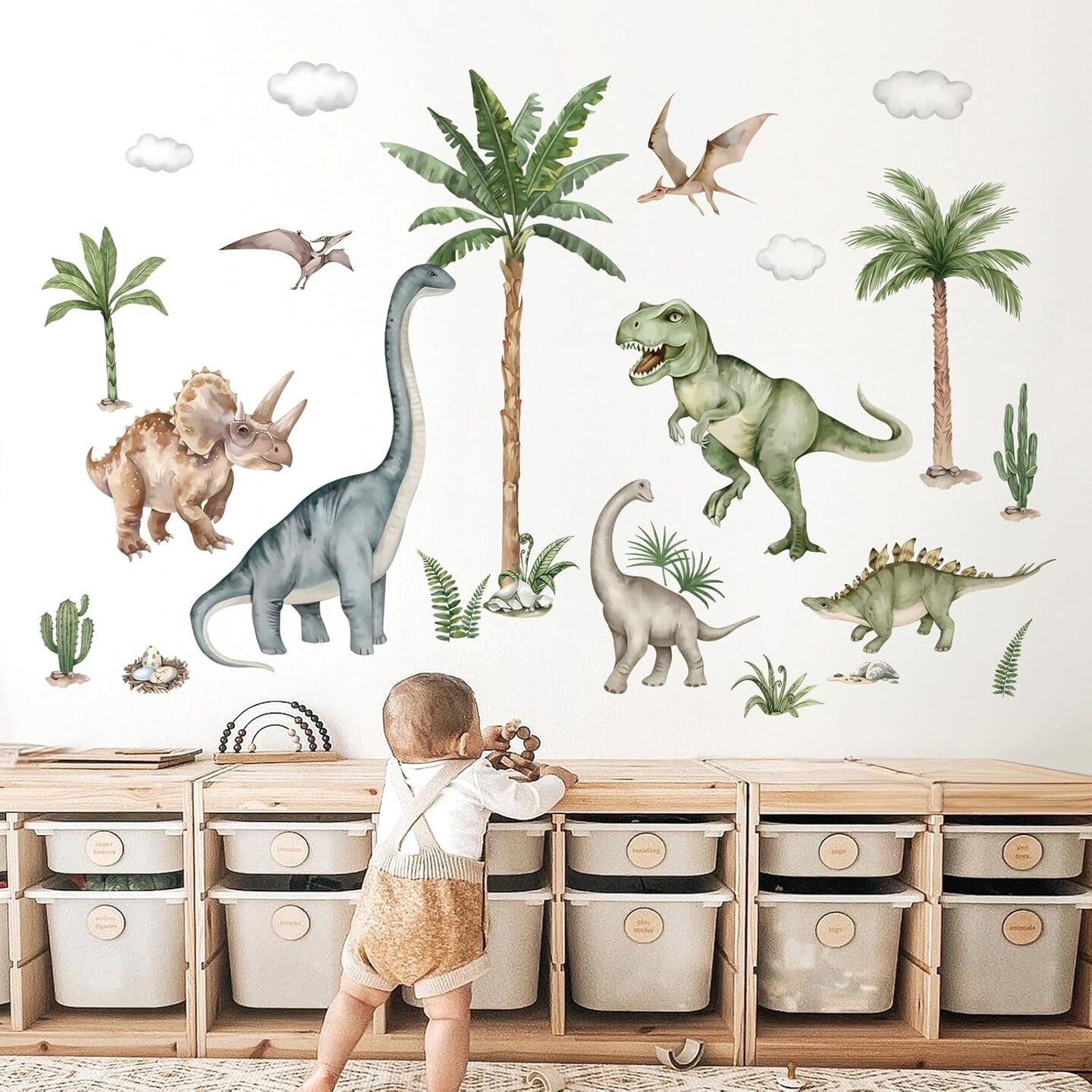 Large Dinosaur Wall Stickers Tropical Animal Dino Palm Tree Plants Wall Art Decals (164 * 83cm)