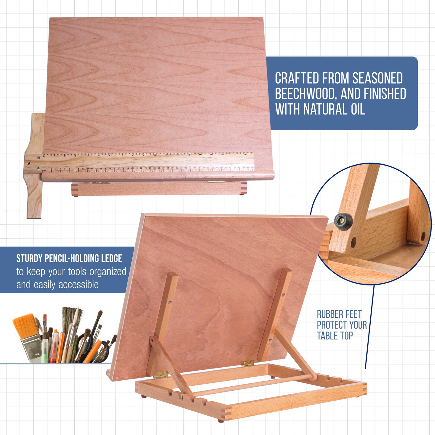 Large 20-1/2&#x22; x 17&#x22; Adjustable Wood Art Drawing Board - 5 Angles, Beechwood Construction, Pencil Ledge &#x26; T-Square - Perfect for Designing, Drafting, Sketching &#x26; Architecture Work