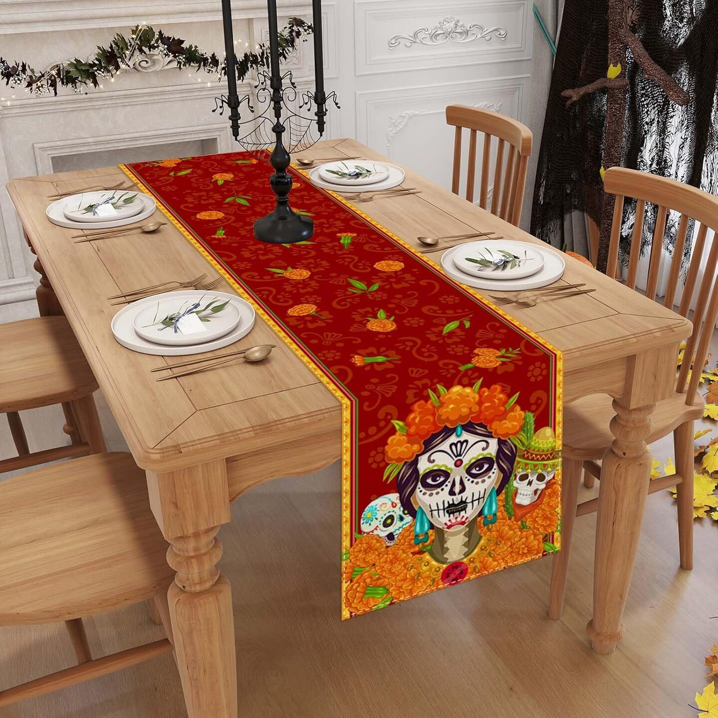 Linen Dia De Los Muertos Table Runner (Yellow)
