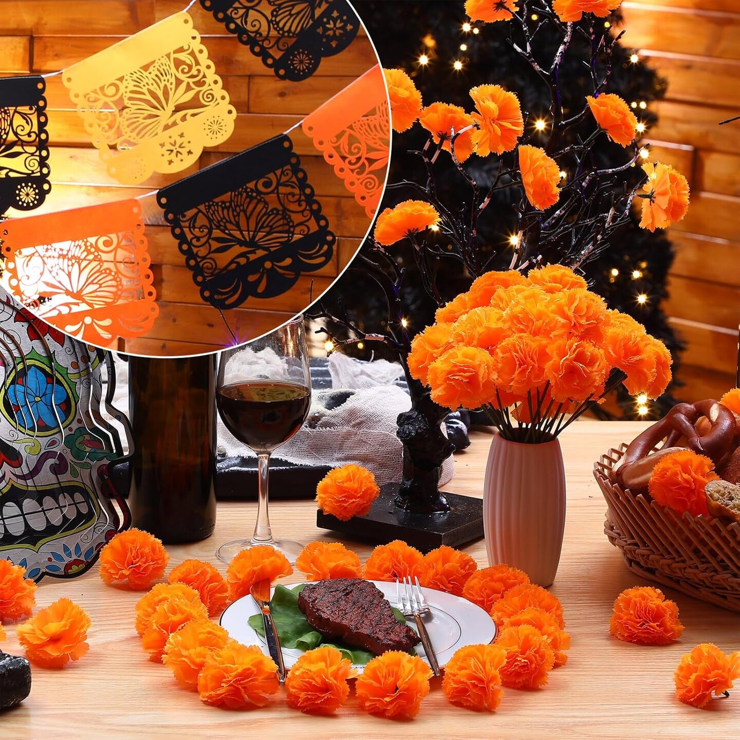 52 Pieces Day of the Dead Decorations Set (Mainly Orange, Black, Yellow)