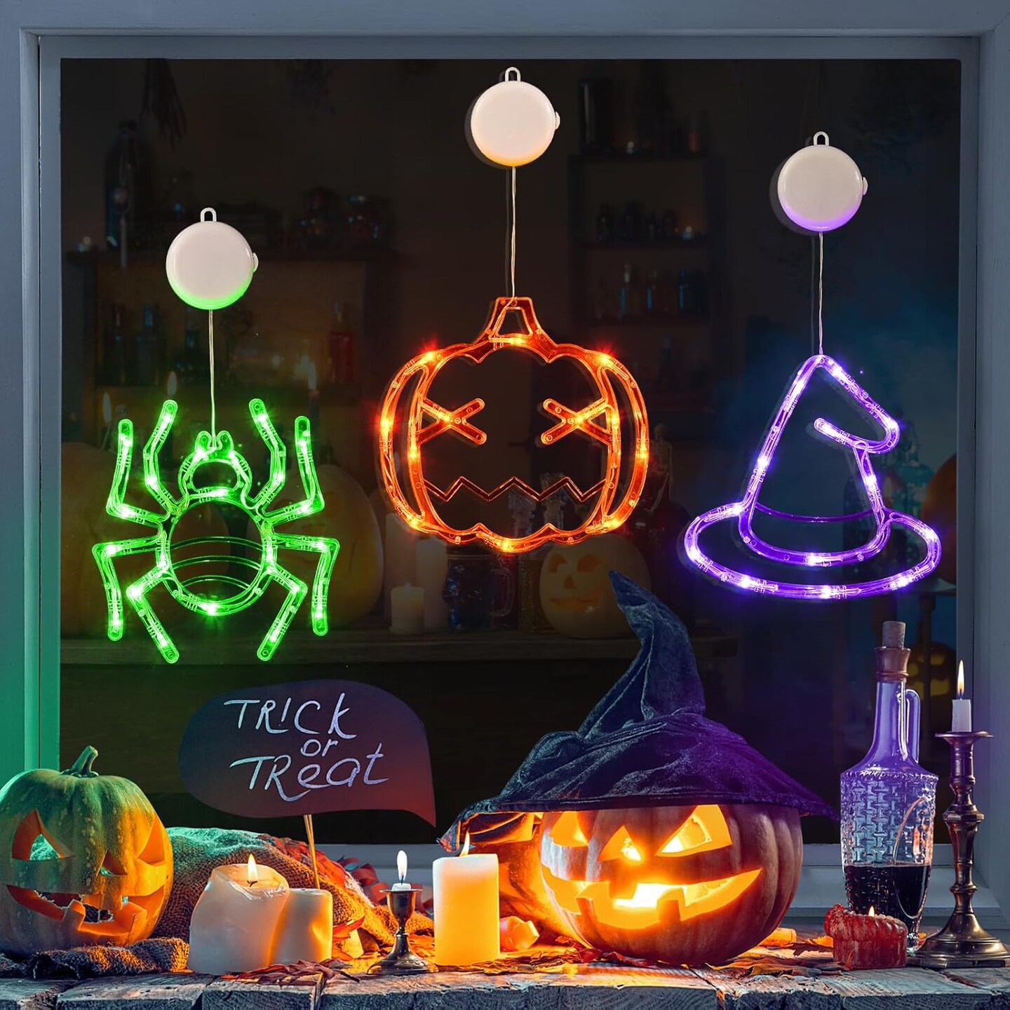 3 Pack Halloween Window Lights with Suction Cup (Pumpkin, Spider, Witch Hat)