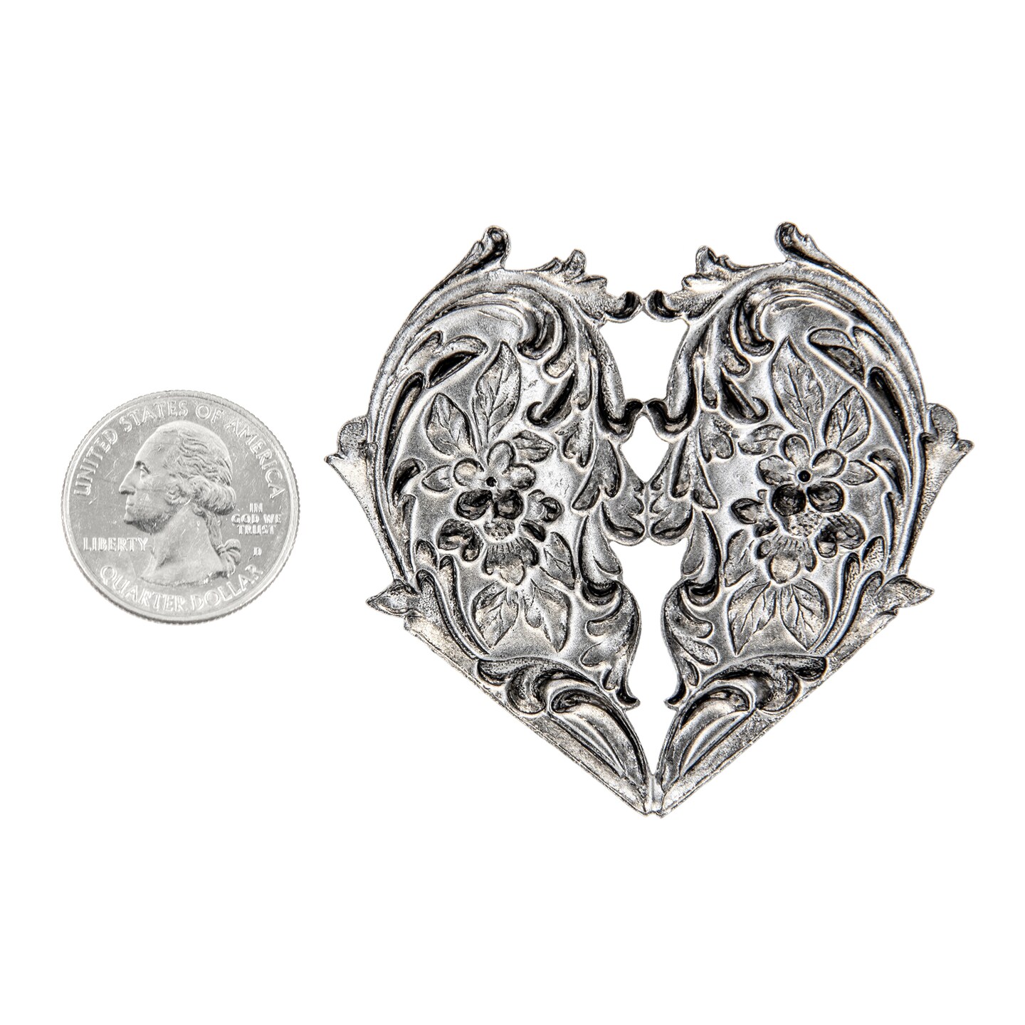 Pewter Plated Brass Floral Filigree Victorian Heart Pendant - P-P02